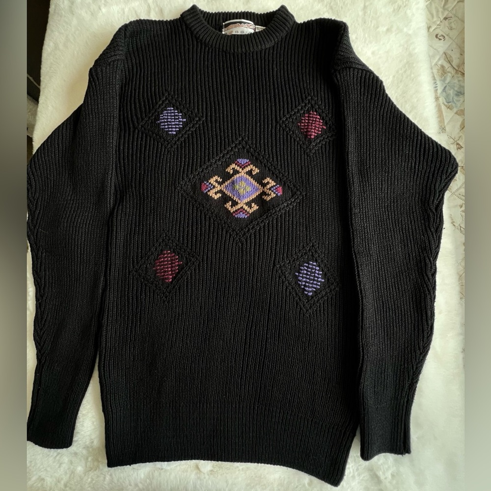 Vintage Bobbio Black Ribbed Knit Sweater Embroidered Geometric Design Size L